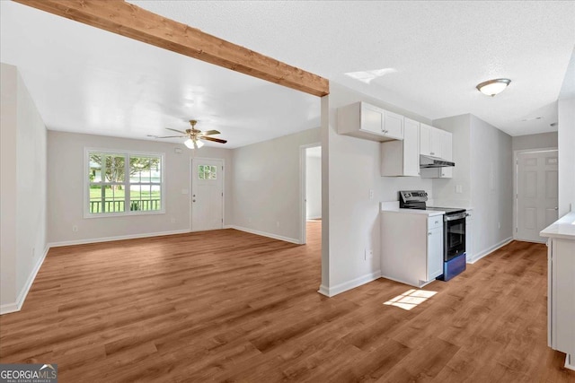 69 Southern Trace Way, Rockmart, GA 30153 - kitchen with electric stove, light wood-type flooring, light countertops, ceiling fan, and beamed ceiling