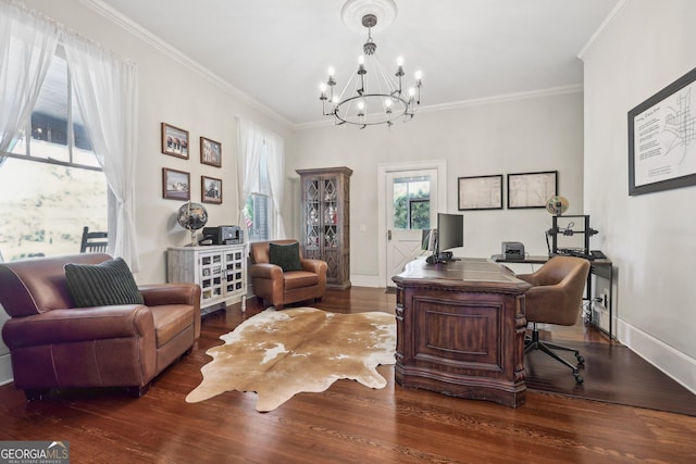 365 Seavy St, Senoia, GA 30276 - home office with a chandelier, wood finished floors, and ornamental molding