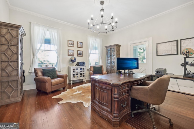 365 Seavy St, Senoia, GA 30276 - home office featuring dark wood-style flooring, a chandelier, healthy amount of natural light, and ornamental molding