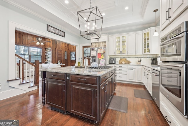 365 Seavy St, Senoia, GA 30276 - kitchen featuring stainless steel appliances, white cabinets, dark brown cabinets, crown molding, and a tray ceiling
