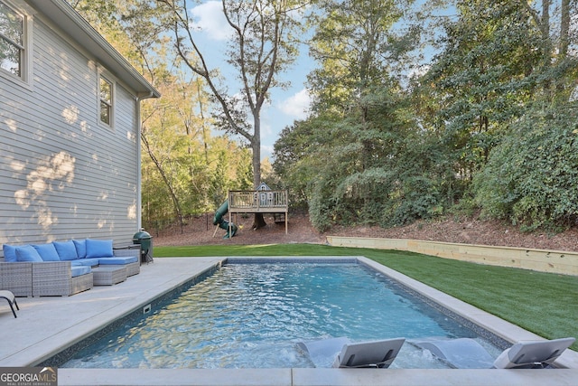 365 Seavy St, Senoia, GA 30276 - swimming pool with an outdoor hangout area, a playground, a yard, a patio, and a grill