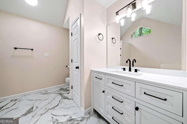 20 Four Oaks, Newnan, GA 30263 - bathroom with lofted ceiling, vanity, and marble finish floors
