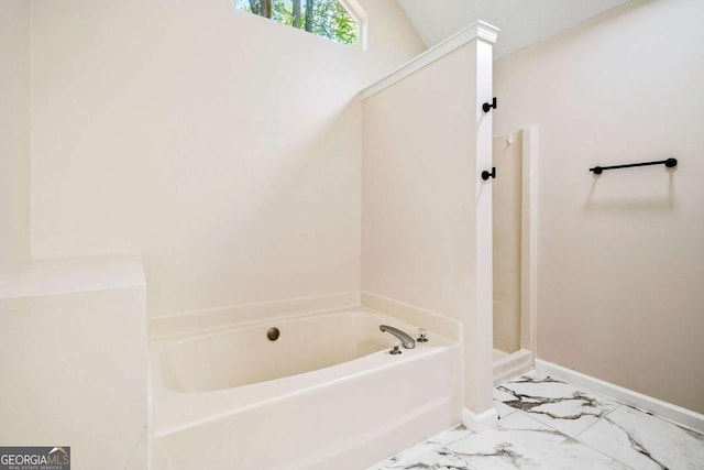 20 Four Oaks, Newnan, GA 30263 - bathroom featuring a garden tub, marble look tiles, and a shower