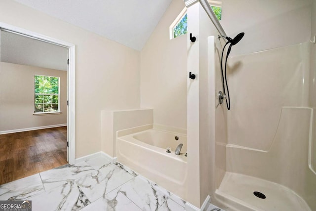 20 Four Oaks, Newnan, GA 30263 - full bath with a shower, a garden tub, marble finish flooring, and vaulted ceiling