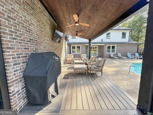 1501 E Main St, Hogansville, GA 30230 - wooden terrace featuring grilling area, an outdoor hangout area, and ceiling fan