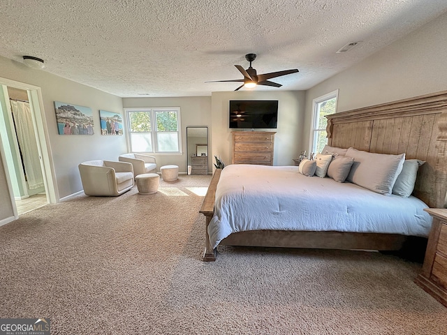 1501 E Main St, Hogansville, GA 30230 - bedroom featuring multiple windows, carpet flooring, a textured ceiling, and a ceiling fan