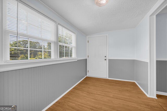303 Oak Way Dr, Eastanollee, GA 30538 - interior space with wood finished floors, a textured ceiling, vaulted ceiling, and a wainscoted wall