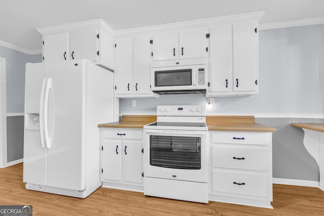 303 Oak Way Dr, Eastanollee, GA 30538 - kitchen with white appliances, crown molding, white cabinets, and light wood-type flooring
