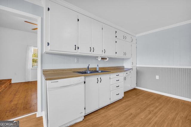 303 Oak Way Dr, Eastanollee, GA 30538 - kitchen with white dishwasher, light wood-type flooring, white cabinets, and ornamental molding