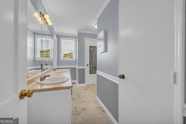303 Oak Way Dr, Eastanollee, GA 30538 - full bath featuring ornamental molding, double vanity, and marble finish floors