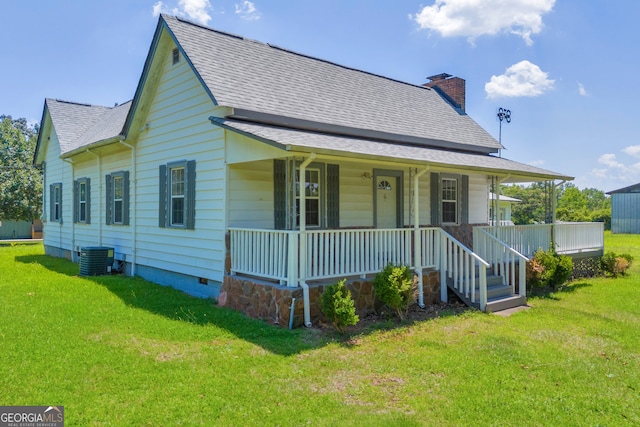 303 Oak Way Dr, Eastanollee, GA 30538 - view of front of house featuring a chimney, covered porch, a shingled roof, crawl space, and a front yard