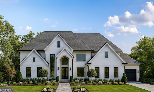 5021 Kings Close, Alpharetta, GA 30004 - view of front facade featuring an attached garage, a front yard, driveway, french doors, and roof with shingles