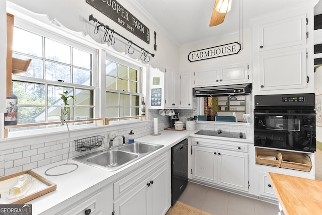 2540 Sugar Hill Rd, Unadilla, GA 31091 - kitchen with black appliances, crown molding, tasteful backsplash, and white cabinetry