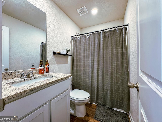 534 Meadows Farm Dr, Monroe, GA 30655 - bathroom with vanity, a textured wall, wood finished floors, and a shower with curtain