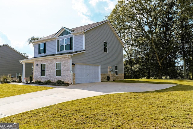 534 Meadows Farm Dr, Monroe, GA 30655 - view of front of home featuring stone siding, a front yard, and an attached garage