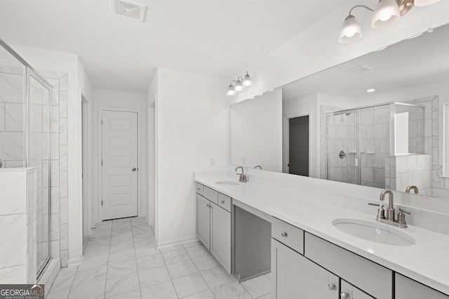 683 Edgar, Hampton, GA 30228 - full bath featuring marble finish flooring, double vanity, and a shower stall