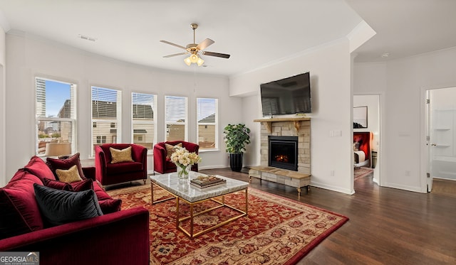 683 Edgar, Hampton, GA 30228 - living room with ceiling fan, crown molding, wood finished floors, and a fireplace