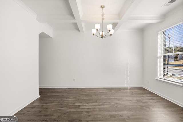 683 Edgar, Hampton, GA 30228 - empty room with a chandelier, beamed ceiling, dark wood-style flooring, and coffered ceiling