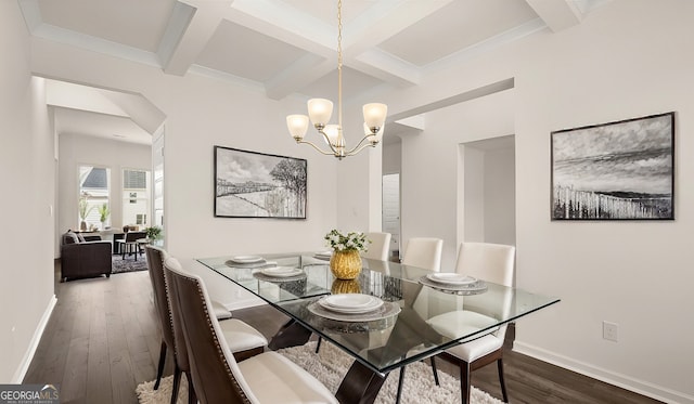 683 Edgar, Hampton, GA 30228 - dining space with coffered ceiling, dark wood-style flooring, beamed ceiling, and a chandelier