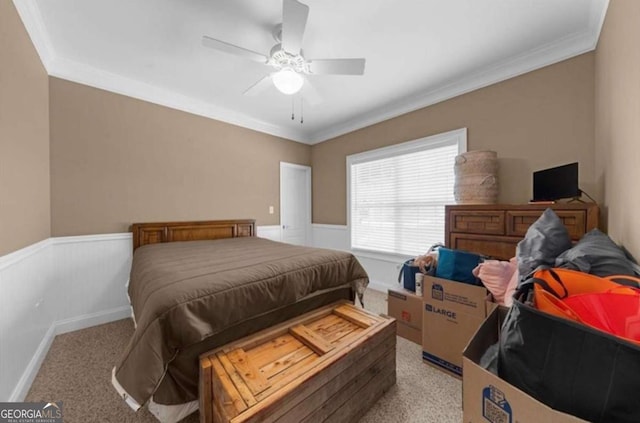 3737 Falls Trl, Winston, GA 30187 - bedroom featuring light colored carpet, ornamental molding, wainscoting, and ceiling fan