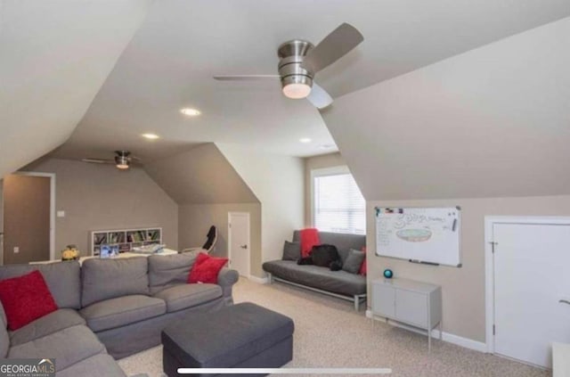 3737 Falls Trl, Winston, GA 30187 - living area featuring a ceiling fan, lofted ceiling, and light colored carpet