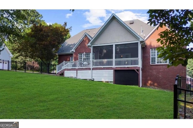 3737 Falls Trl, Winston, GA 30187 - rear view of property featuring a sunroom, brick siding, and stairs