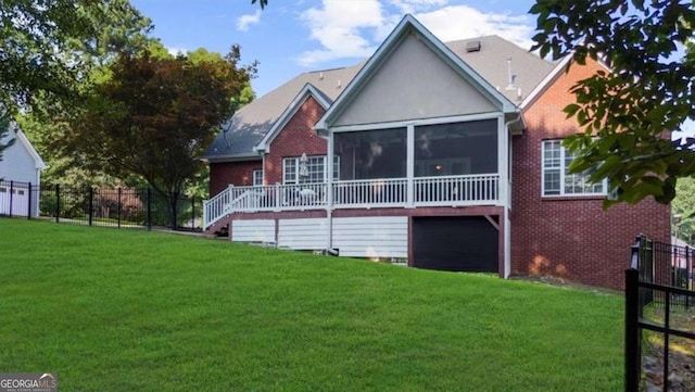 3737 Falls Trl, Winston, GA 30187 - back of property featuring brick siding, a sunroom, an attached garage, stairs, and a wooden deck