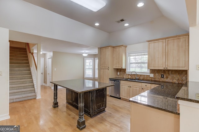 805 River Vly, Dacula, GA 30019 - kitchen with stainless steel dishwasher, light brown cabinets, light wood-style flooring, healthy amount of natural light, and recessed lighting