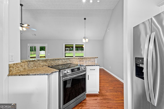 80 Austin Woods Dr, Senoia, GA 30276 - kitchen featuring stainless steel appliances, lofted ceiling, wood finished floors, stone counters, and white cabinetry