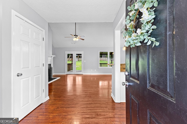 80 Austin Woods Dr, Senoia, GA 30276 - entryway with wood finished floors, a ceiling fan, a fireplace with raised hearth, vaulted ceiling, and a textured ceiling