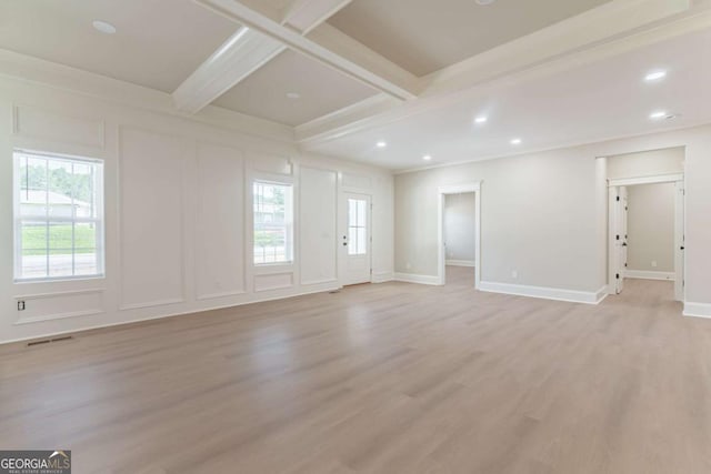 540 Sunset Ave, Comer, GA 30629 - unfurnished room featuring a decorative wall, beam ceiling, light wood-style floors, and recessed lighting