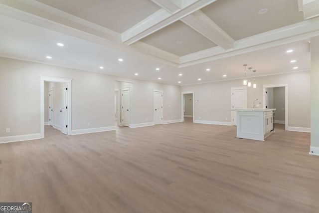 540 Sunset Ave, Comer, GA 30629 - unfurnished living room with recessed lighting, beamed ceiling, light wood finished floors, ornamental molding, and coffered ceiling
