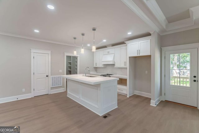 540 Sunset Ave, Comer, GA 30629 - kitchen featuring custom range hood, crown molding, white cabinetry, tasteful backsplash, and light wood-style floors