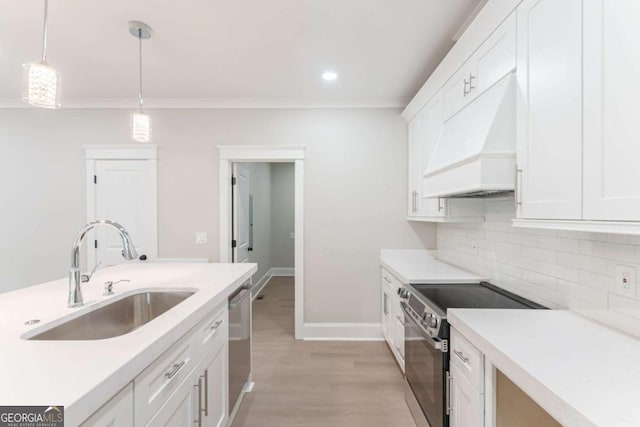 540 Sunset Ave, Comer, GA 30629 - kitchen with appliances with stainless steel finishes, custom exhaust hood, white cabinets, backsplash, and ornamental molding