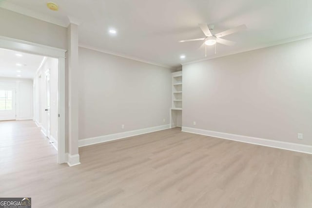 540 Sunset Ave, Comer, GA 30629 - empty room with light wood-type flooring, ceiling fan, a smoke detector, ornamental molding, and recessed lighting