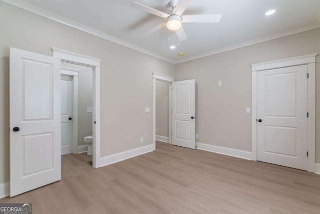 540 Sunset Ave, Comer, GA 30629 - unfurnished bedroom with crown molding, light wood finished floors, recessed lighting, ceiling fan, and a closet