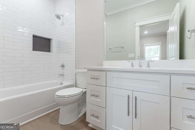 540 Sunset Ave, Comer, GA 30629 - bathroom with vanity, crown molding, shower / tub combination, and wood finished floors