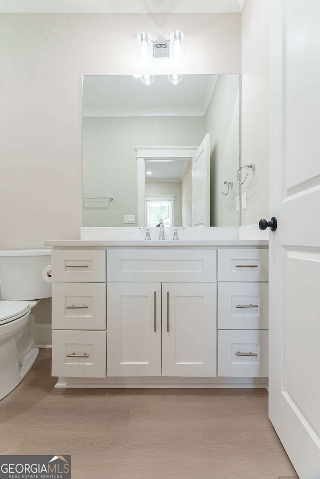 540 Sunset Ave, Comer, GA 30629 - bathroom featuring wood finished floors, vanity, and crown molding