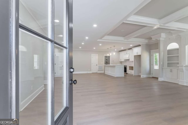540 Sunset Ave, Comer, GA 30629 - unfurnished living room with light wood-style flooring, recessed lighting, and ornamental molding