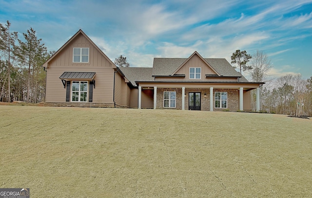 194 Forest Berry Ct Unit 98M2, Newnan, GA 30265 - view of front of home with board and batten siding, french doors, roof with shingles, and brick siding