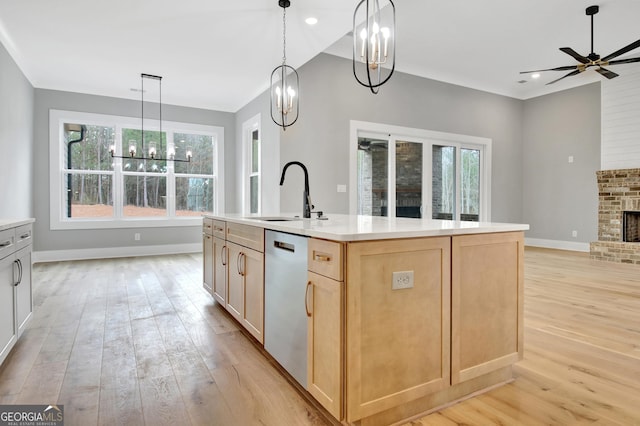 194 Forest Berry Ct Unit 98M2, Newnan, GA 30265 - kitchen featuring stainless steel dishwasher, light brown cabinets, light wood-style flooring, a ceiling fan, and recessed lighting