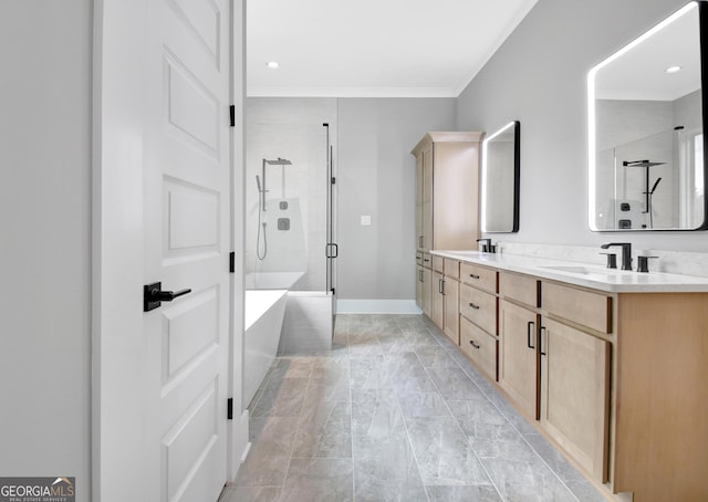 194 Forest Berry Ct Unit 98M2, Newnan, GA 30265 - full bathroom with a shower stall, double vanity, crown molding, a freestanding bath, and marble look tiles