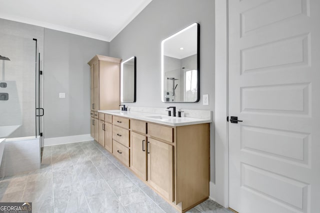 194 Forest Berry Ct Unit 98M2, Newnan, GA 30265 - full bathroom featuring a stall shower, double vanity, crown molding, and marble finish floors