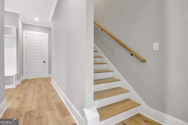 194 Forest Berry Ct Unit 98M2, Newnan, GA 30265 - stairway with wood finished floors, crown molding, and recessed lighting