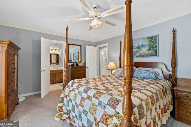 1320 Tal Lewis Rd, White Plains, GA 30678 - bedroom featuring light colored carpet, ornamental molding, a ceiling fan, and ensuite bath