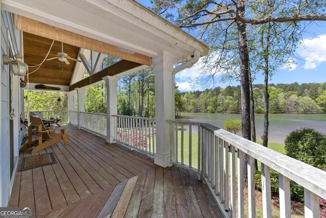 1320 Tal Lewis Rd, White Plains, GA 30678 - wooden terrace featuring a ceiling fan and a water view