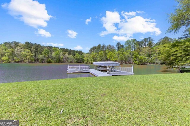1320 Tal Lewis Rd, White Plains, GA 30678 - dock with a yard, a water view, and a view of trees