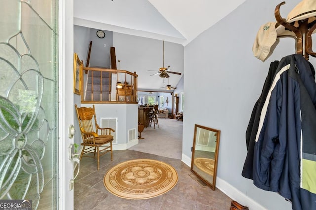 1320 Tal Lewis Rd, White Plains, GA 30678 - entrance foyer with ceiling fan and high vaulted ceiling