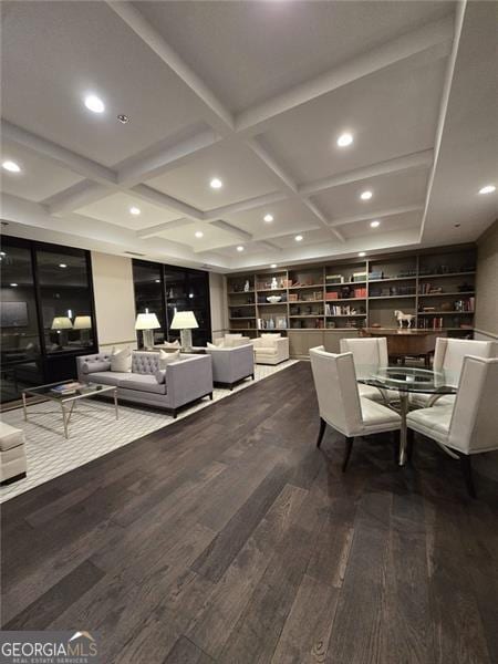 3481 Lakeside Unit 2204, Atlanta, GA 30326 - dining room with coffered ceiling, wood finished floors, recessed lighting, beam ceiling, and built in shelves