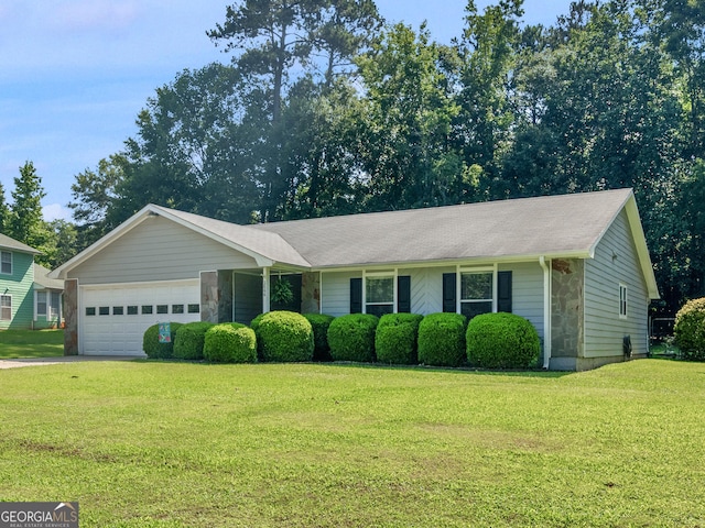 2866 Rosecommons Dr, Hampton, GA 30228 - ranch-style home with an attached garage, a front lawn, driveway, and stone siding
